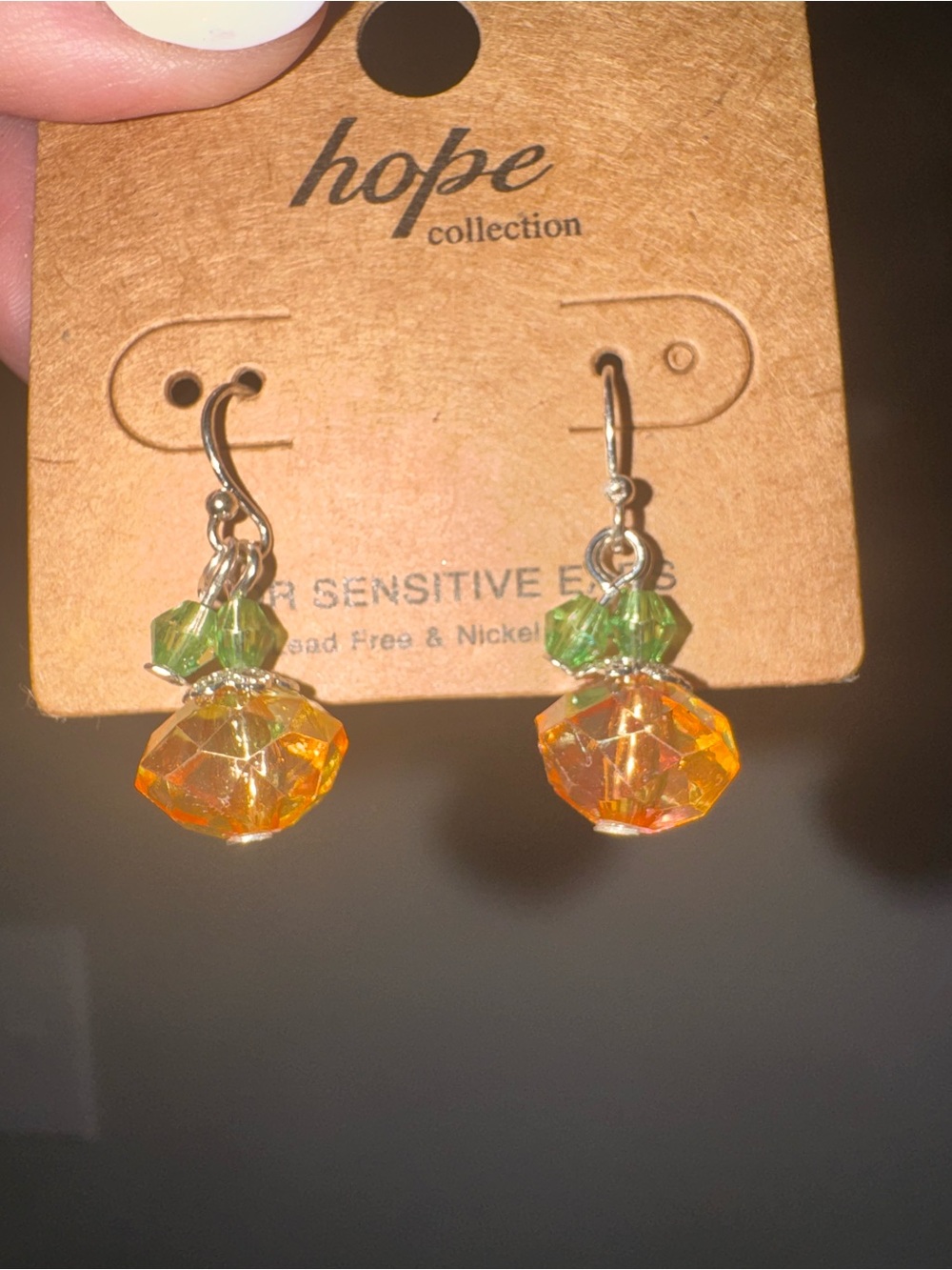 Orange and Green Crystal Drop Earrings for sensitive ears